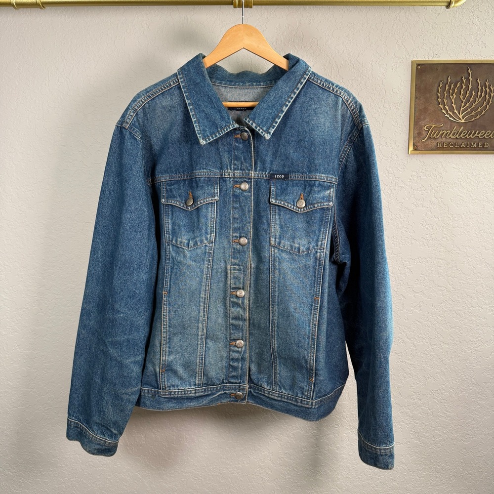 IZOD Jeans Woman Blue Denim Trucker Jacket Medium Wash Button Front Classic L - Picture 4 of 8